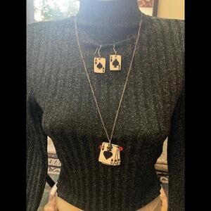 ACE playing Cards Poker Ceramic Necklace /Pin and Earrings  Set signed by artist